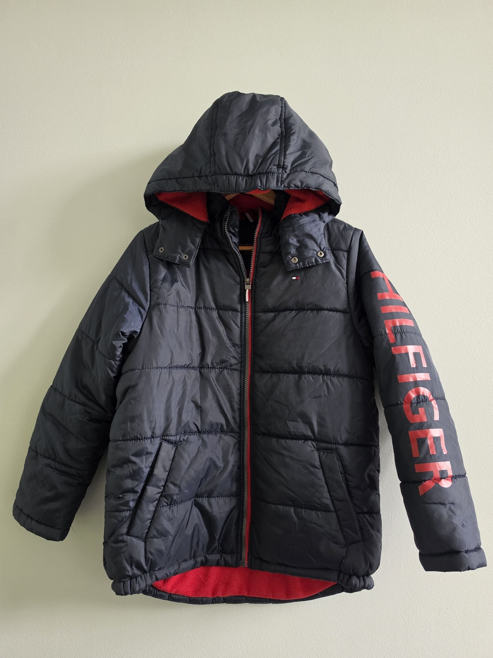 Tommy Hilfiger Boys Puffer Jacket Size L 14/16 Navy Red Hooded